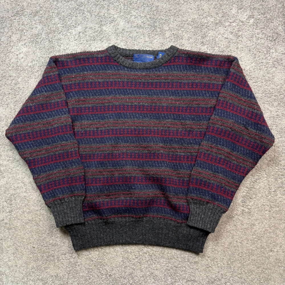 Wm H Leishman Shetland Wool Sweater Grey Blue Red Size L Relaxed Fit Striped